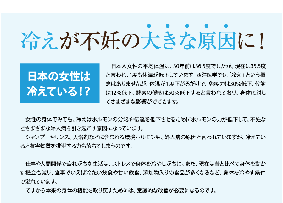 まずは冷えを改善して、妊娠できる身体の土台をつくりましょう。